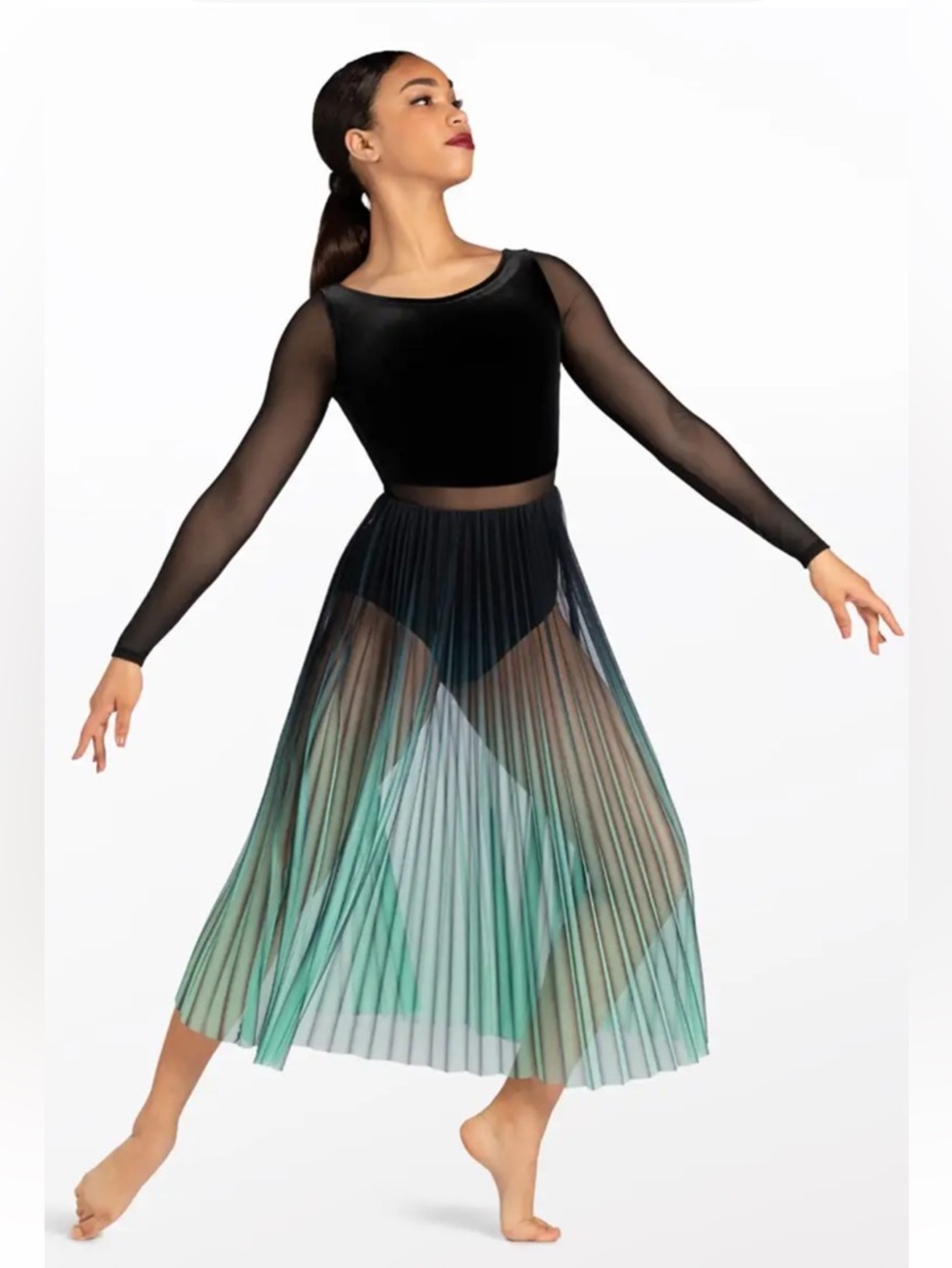 Weissman Black Bodysuit with Sheer Ombre Pleated Skirt (Black to Teal)